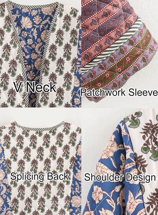 flygo جاكيت نسائي قصير منفوخ من فلايغو، كارديجان مطبوع عليه زهور، معاطف مبطنة، خفيف الوزن، مفتوح من الأمام، قصير، مبطن بالريش (01أزرق-صغير) - Image 5